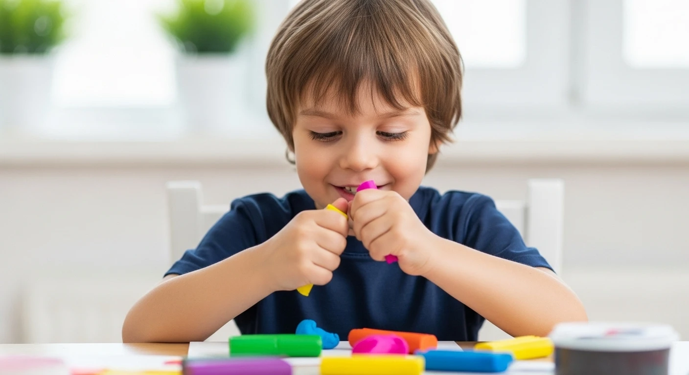 Bir çocuk masada renkli oyun hamuru ile oynarken gülümsüyor.