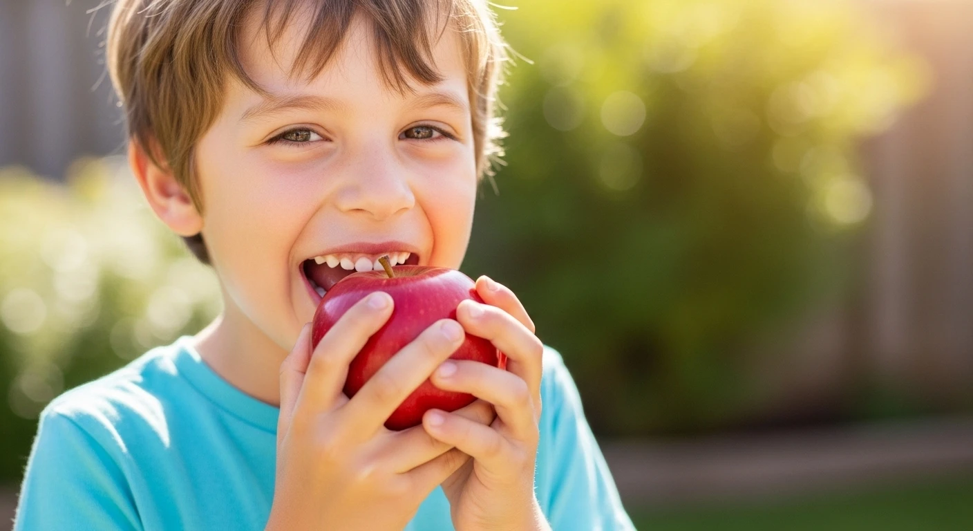 Mutlu bir genç çocuk, güneş ışığı altında açık havada parlak kırmızı bir elmayı ısırıyor.