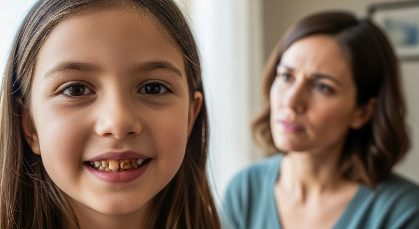 Genç bir kız, arka planda endişeli annesi varken, rengi bozulmuş dişlerini göstererek gülümsüyor.