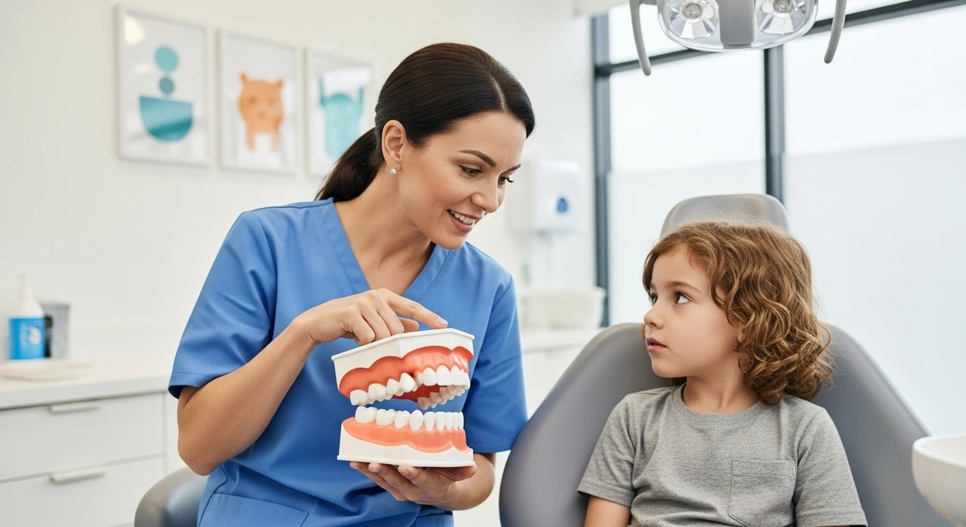 Mavi önlüklü bir kadın diş hekimi, bir diş kliniğinde diş modeli kullanarak küçük bir çocuğa diş hijyenini açıklıyor.