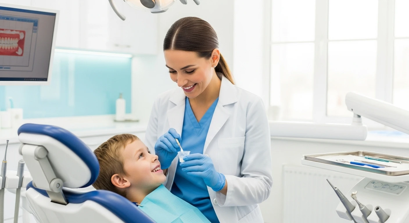 Dişçi koltuğunda oturan küçük bir erkek çocuğa florür uygulayan gülümseyen bir kadın diş hekimi.