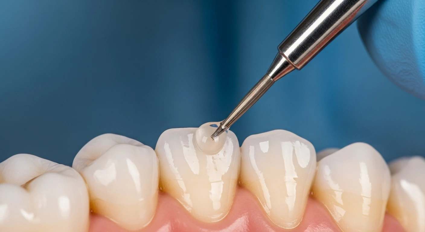 Bir diş hekiminin hastanın dişine dolgu maddesi uygularken yakın çekim görüntüsü.