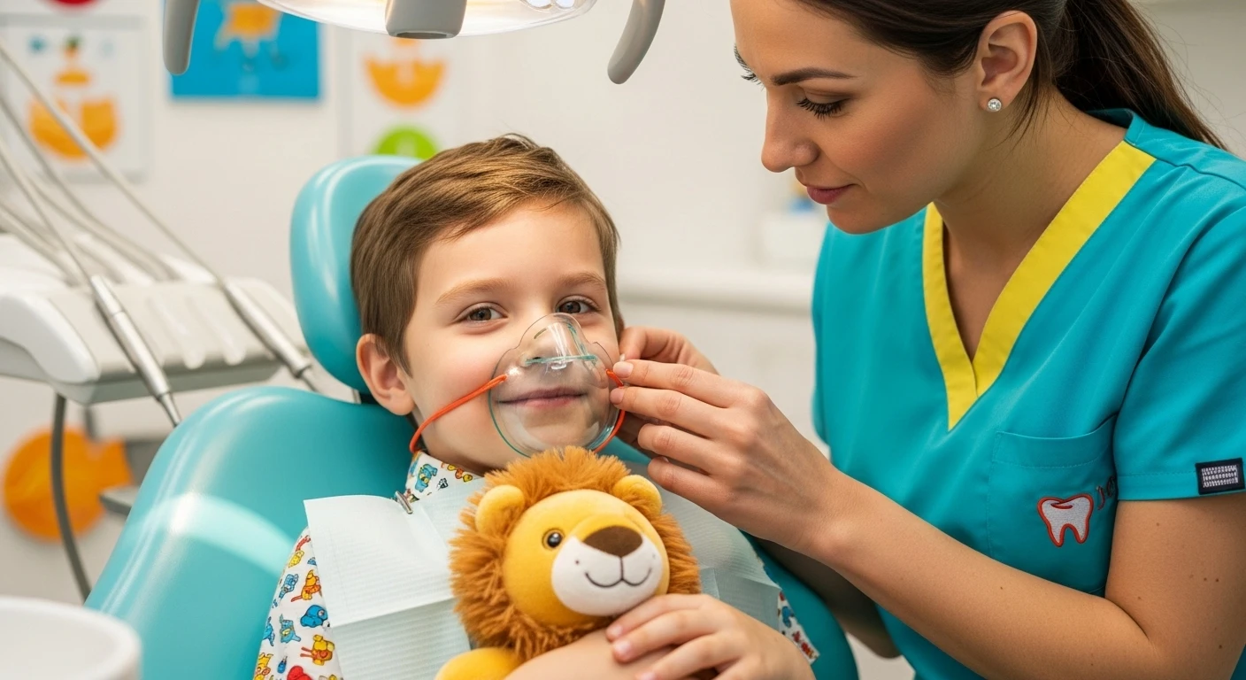 Dişçi koltuğunda oturan genç bir çocuk, kadın diş hekimi oksijen maskesini ayarlarken, elinde doldurulmuş bir aslan oyuncağı tutuyor.