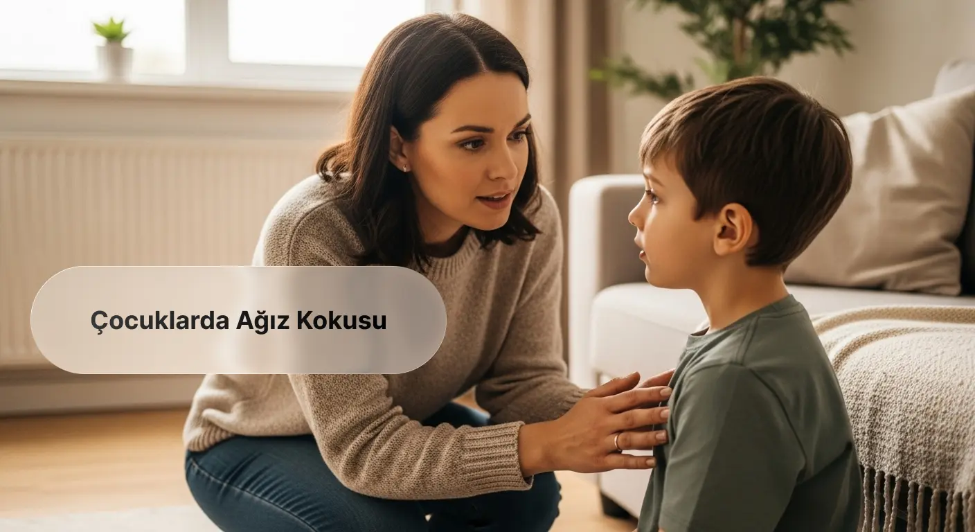 Çocuklarda ağız kokusu nedenlerini konuşan, endişeli ama şefkatli bir anne ve küçük oğlu.