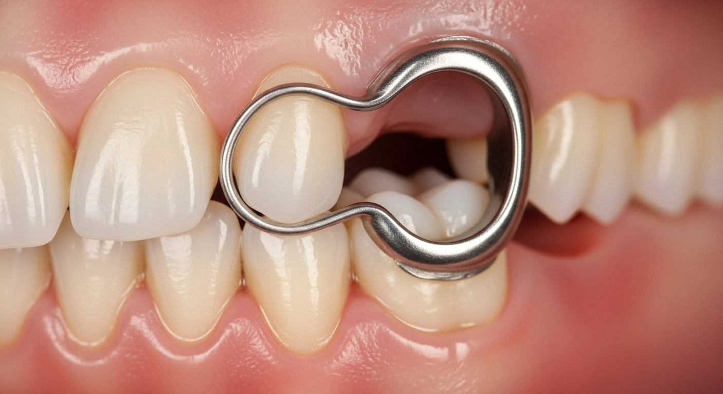 Çocuk hastanın ağzında, çekilmiş bir süt dişinin boşluğunu korumak için komşu dişlere takılmış metal, sabit bir yer tutucu. Aparey, alttan gelecek olan daimi dişin doğru yerden sürebilmesi için alanı güvence altına alıyor